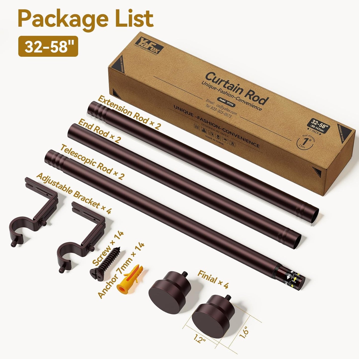YaFex Curtain Rods - Heavy Duty 1 Inch Adjustable Window Treatment Rods | 32-58 Inch, Bronze Finish
