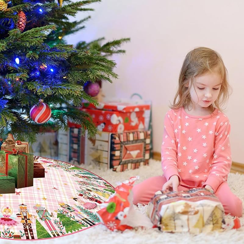 Christmas Tree Skirt 48 Inch - Pink Nutcracker Holiday Decor, Durable Polyester