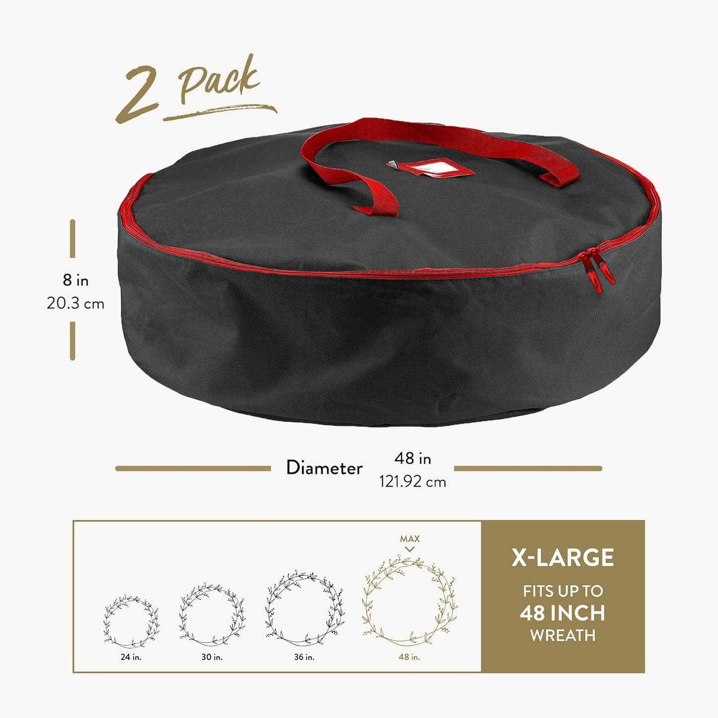 ZOBER Oxford Christmas Wreath Storage Container - 48 Inch Waterproof Wreath Bag with Dual Zippers & Durable Handles - Black