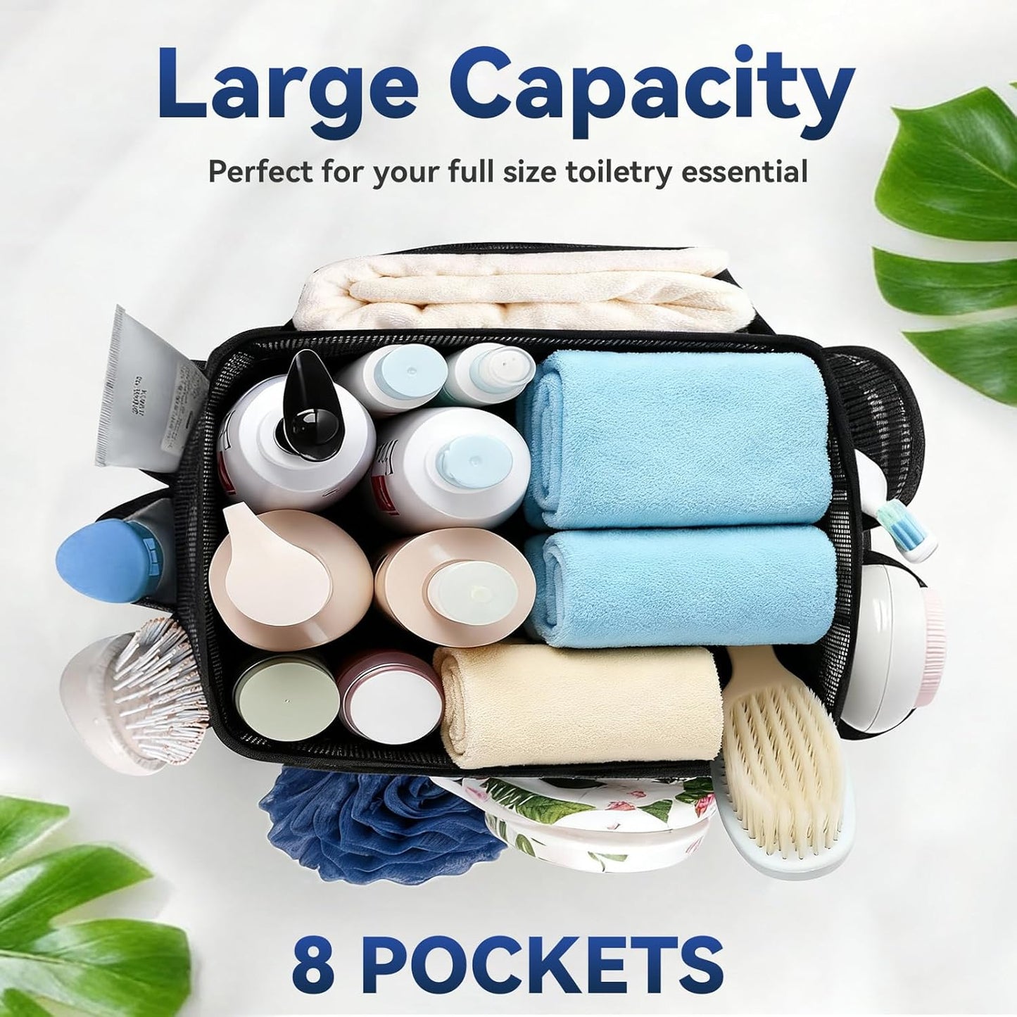 YASONIC Mesh Shower Caddy - Portable 8-Pocket Shower Bag with Double Handles | Black for Dorm & Gym Essentials