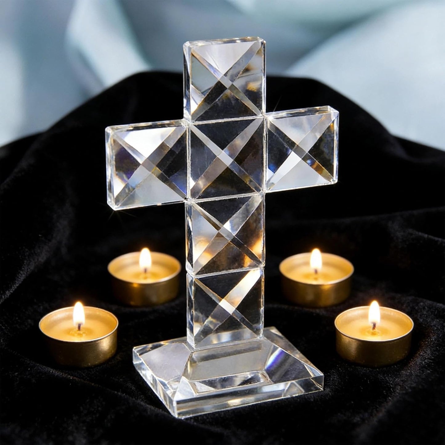 QFkris Crystal Standing Cross - 5'' Tall Clear Glass Tabletop Figurine | Christian Decor Gift