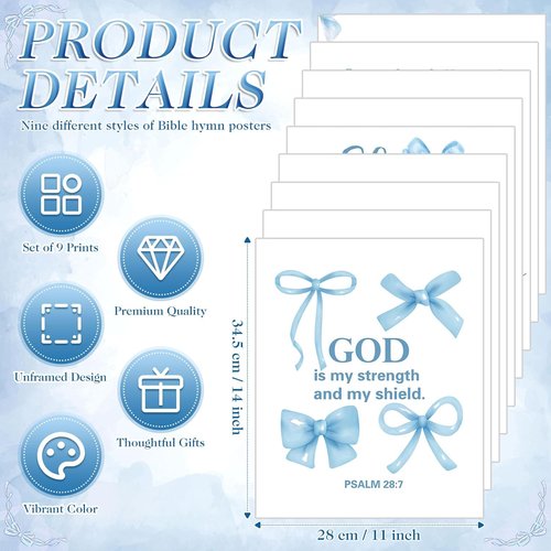 Chiisong Blue Bow Wall Art Decor - 9 Inspirational Bible Verse Poster Prints | 14 x 11'' Unframed for Girly Aesthetic Room