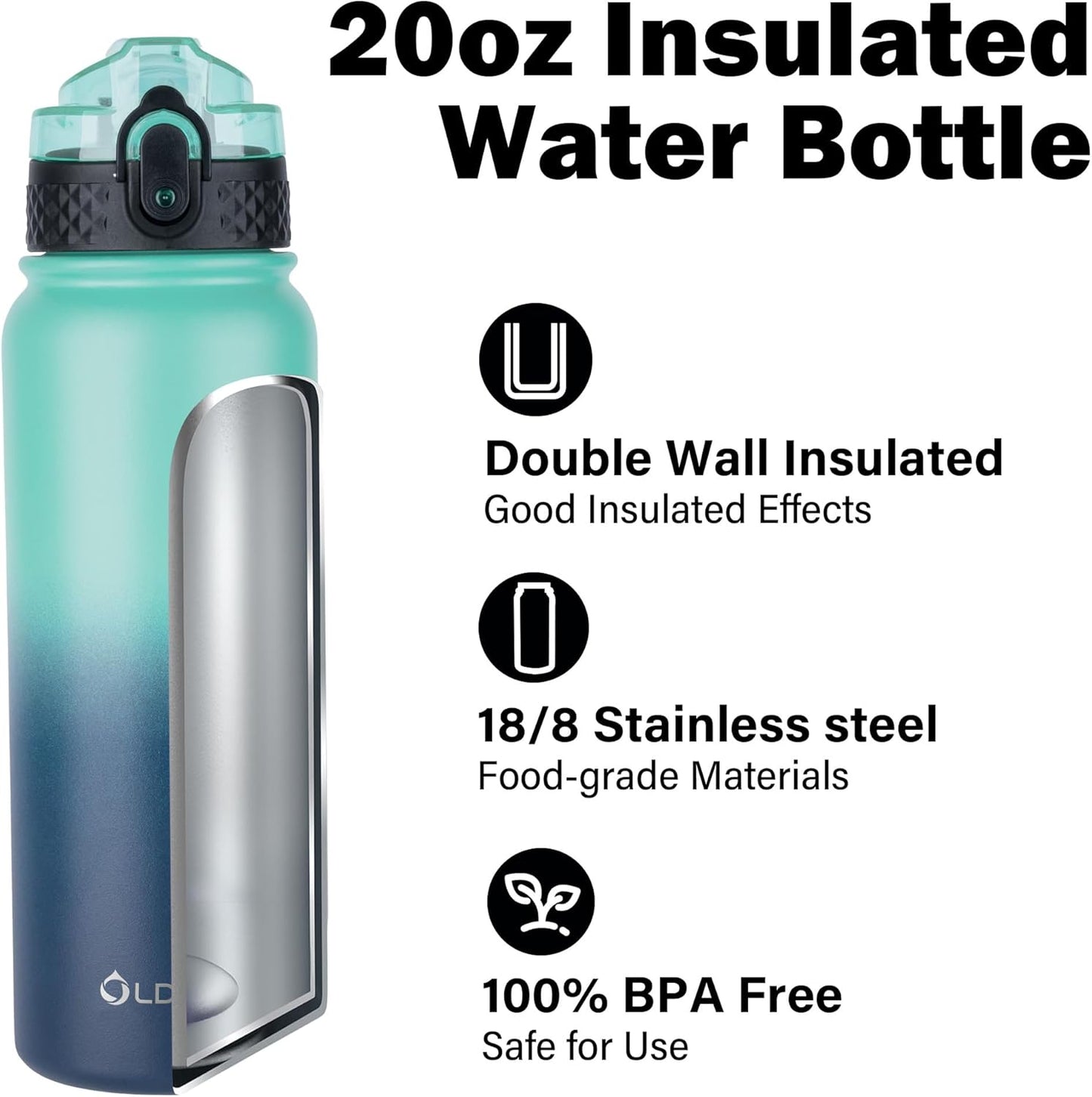Oldley Insulated Water Bottle - 20oz Stainless Steel with 3 Lids, BPA-Free, Leak-Proof | Perfect for School & Travel