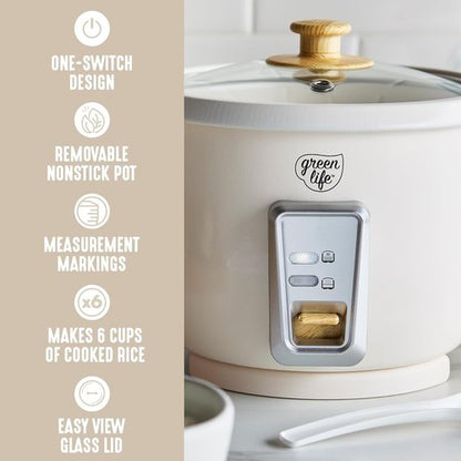 GreenLife Rice Cooker - PFAS-Free Ceramic Nonstick Pot, 3-Cup Uncooked/6-Cup Cooked, Easy Clean, Cream