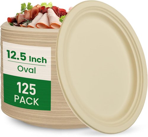 Compostable Oval Plates by Eco-Choice | Heavy-Duty 12.5 Inch Biodegradable Sugarcane Plates - 125 Pack