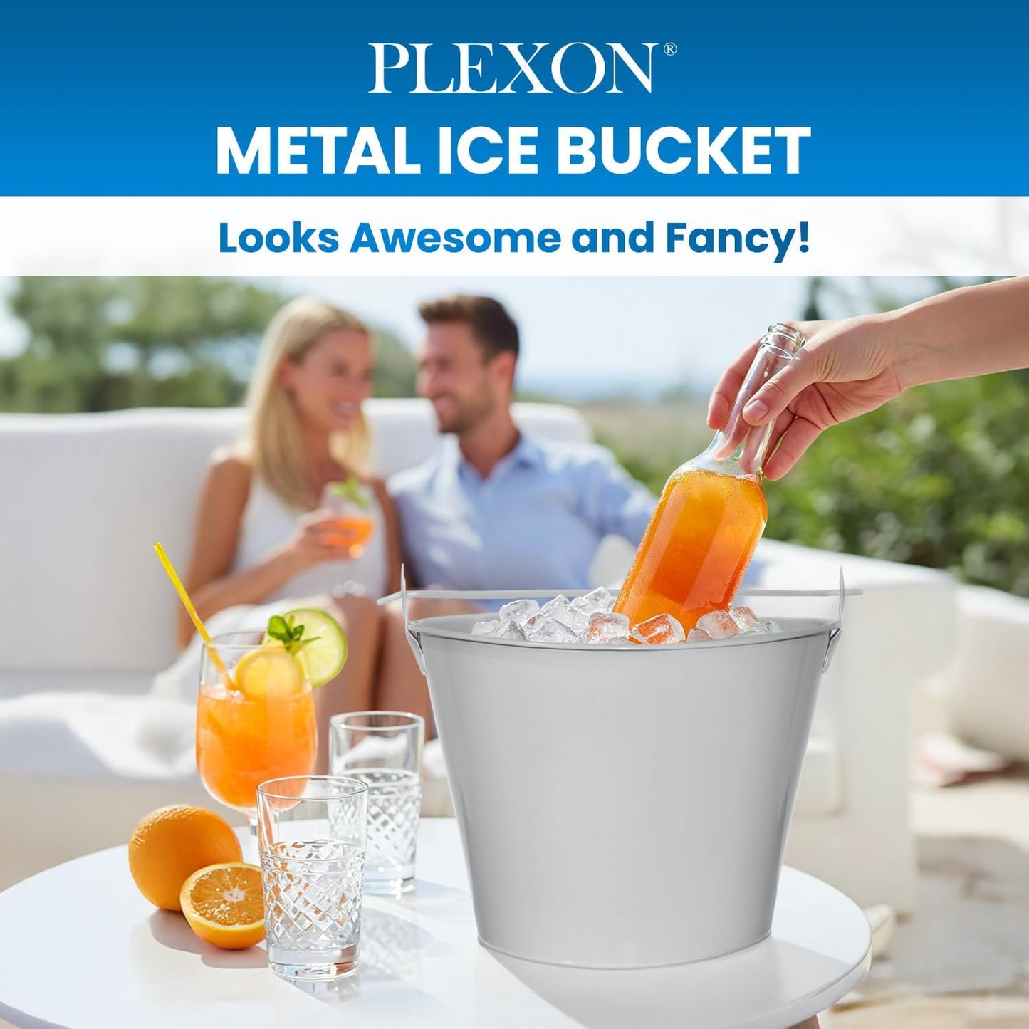 PLEXON Ice Bucket for Parties Coctail Bar Restaurant - Drink Beer Champagne Metal Pail Bucket with Handle, Beverage Chiller, 1.3 Gallon, Galvanized Steel, Gray, Set of 3