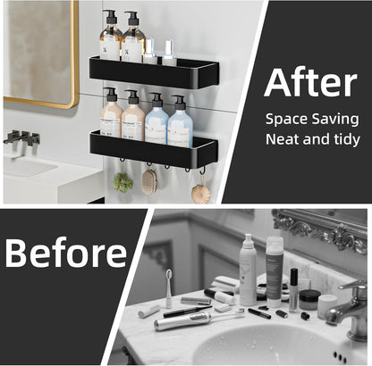 Wisfame Shower Caddy - No Drill Rustproof Bathroom Shelf | Large Capacity Aluminum Organizer with 5 Hooks - Black