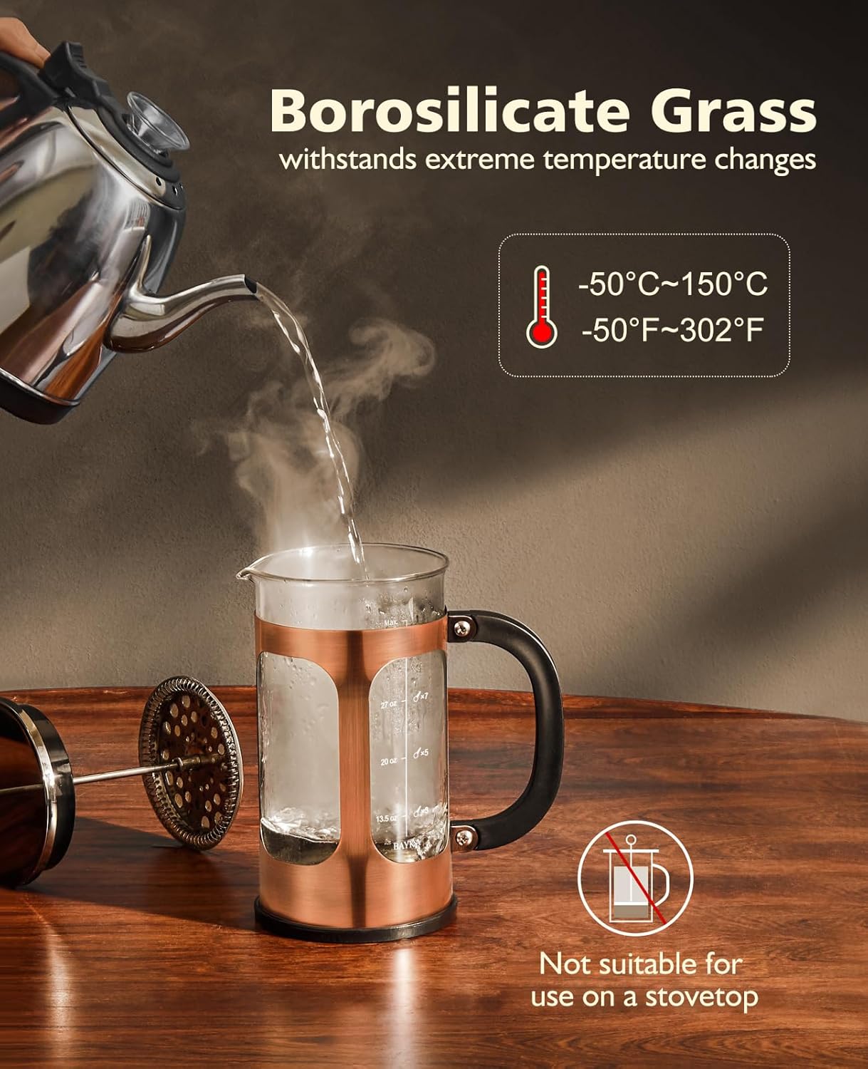 Veken 34oz French Press - Dark Pewter & Copper Design for Rich, Flavorful Coffee