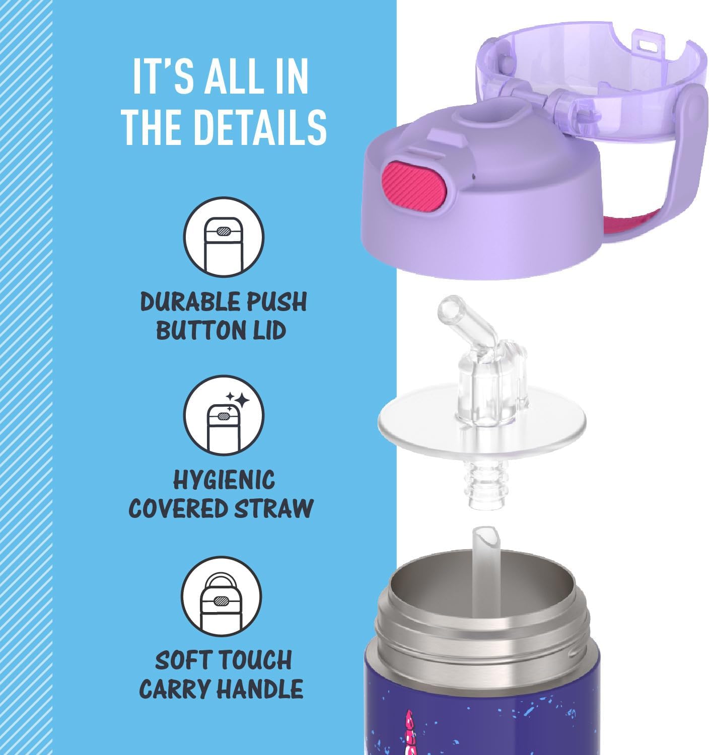 THERMOS FUNTAINER Water Bottle - 12 Ounce Kids Stainless Steel Insulated Bottle with Straw | Cool Caticorns Design