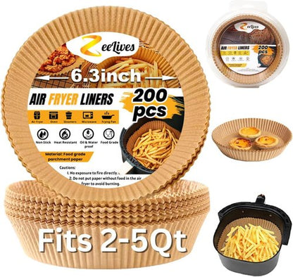 Air Fryer Paper Liners - 200 Pcs Non-Stick Disposable Liners for 2-5Qt Air Fryers | Waterproof & Oil Proof