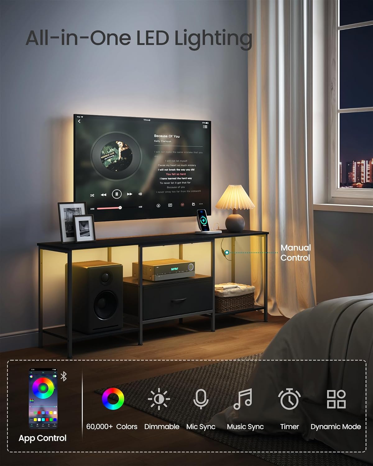 SONGMICS TV Stand - Modern Media Console for TVs Up to 70 Inches | Ink Black with Shelves & Drawer