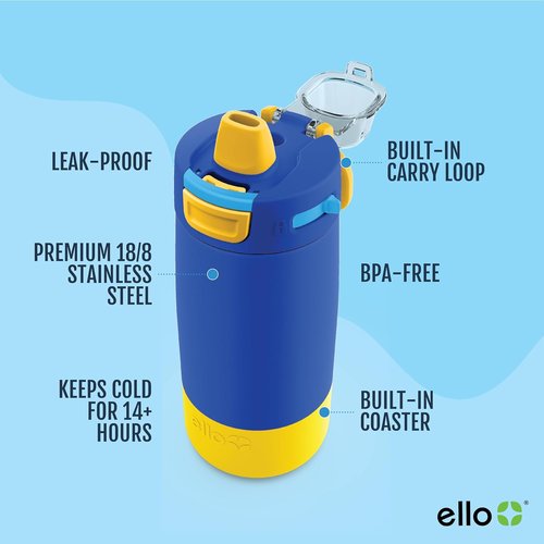 Ello Kids Colby 12oz Stainless Steel Insulated Water Bottle - Leak-Proof Lid & Straw | Perfect for School & Outdoor Activities
