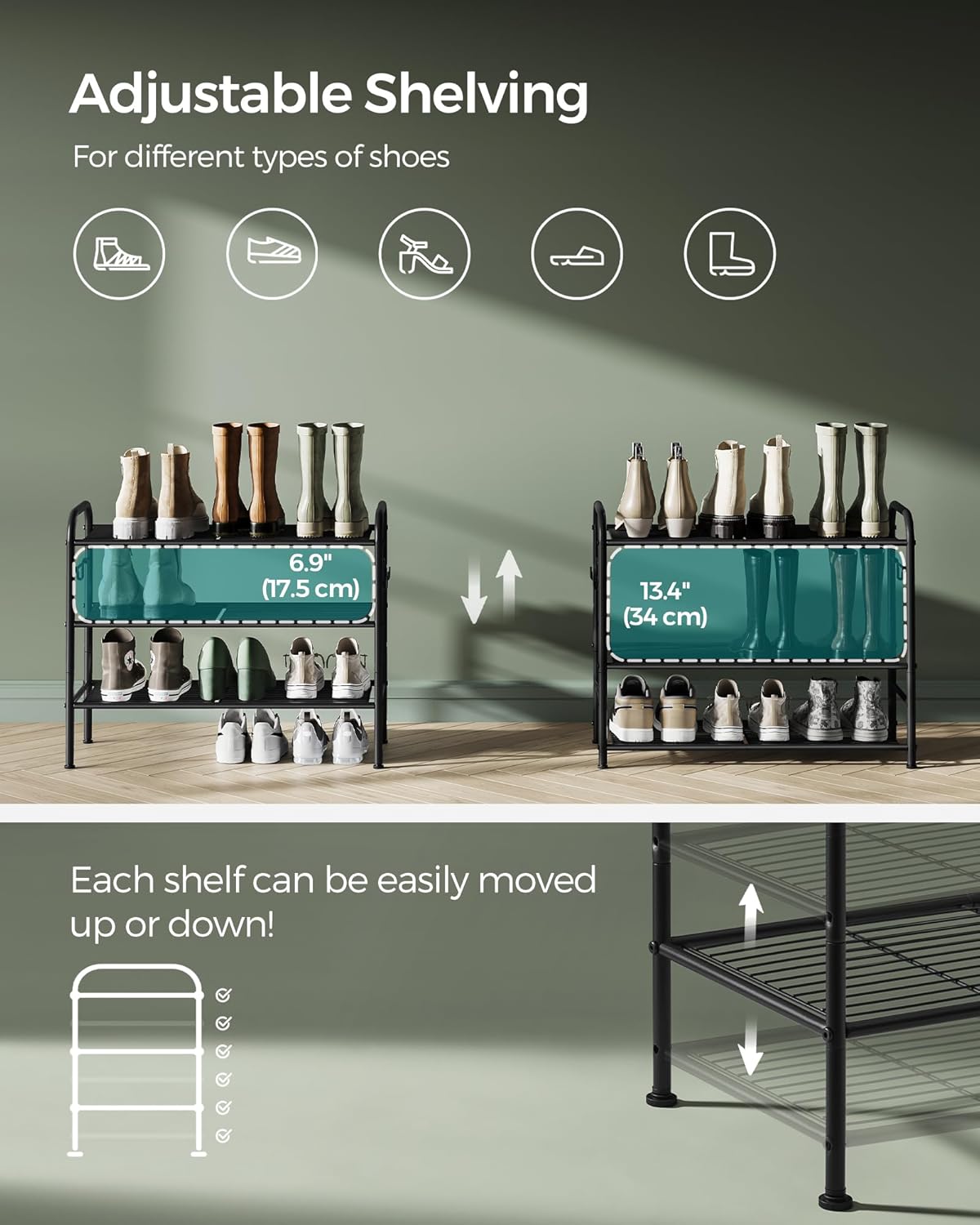 SONGMICS Shoe Rack - 3-Tier Metal Organizer with 4 Hooks | Holds 12 Pairs, Height-Adjustable, Ink Black