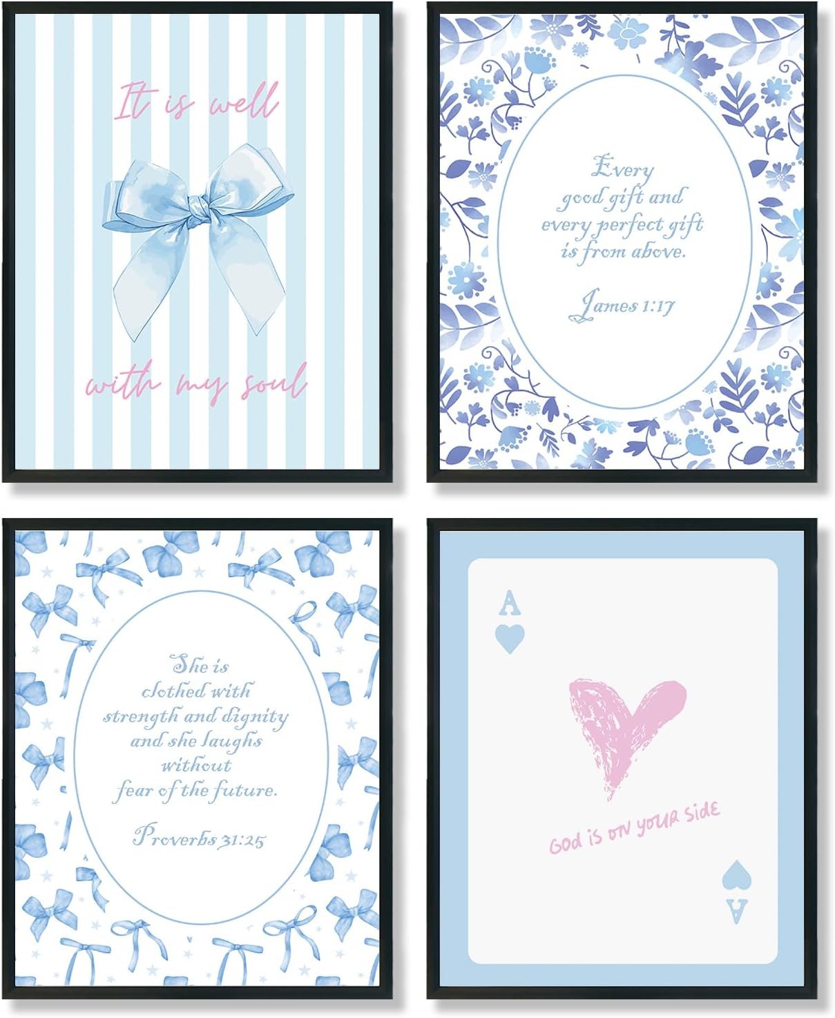 ULEGIE Coquette Blue Bow Wall Art Decor - Inspirational Bible Verses for Teen Girls | 10x8 Inch Set of 4 Unframed