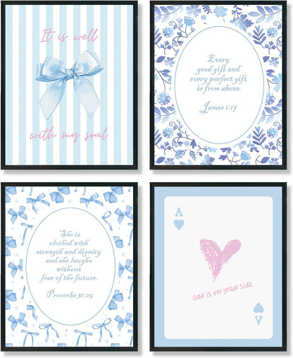 ULEGIE Coquette Blue Bow Wall Art Decor - Inspirational Bible Verses for Teen Girls | 10x8 Inch Set of 4 Unframed