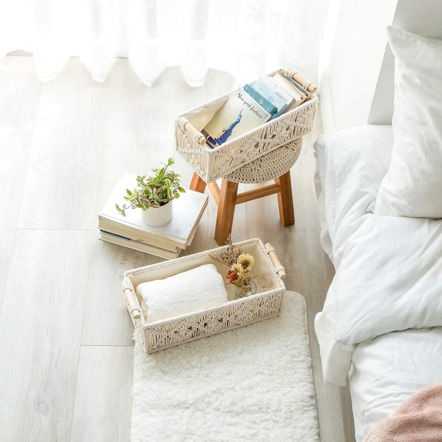 Mkono Macrame Storage Baskets - Handmade Woven Organizer for Home Décor | Set of 2, Ivory