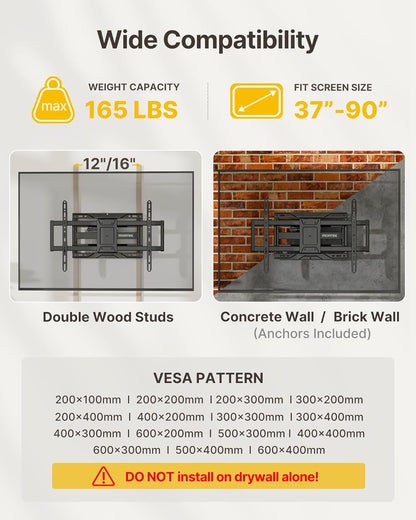 monTEK Heavy Duty TV Wall Mount - Full Motion Design for 37-90 Inch TVs | Supports Up to 165lbs