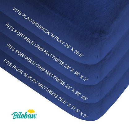 Biloban Pack and Play Sheets - Fitted 2-Pack for Graco Playard | Neutral White & Navy Blue Design