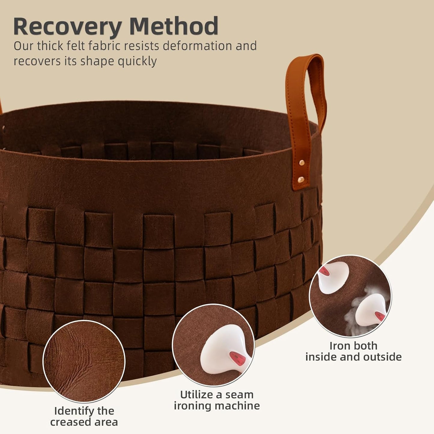 BOLDMONKEY Laundry Basket - Large Felt Fabric Hamper with Leather Handle | 20" x 20" x 11.8" - Brown