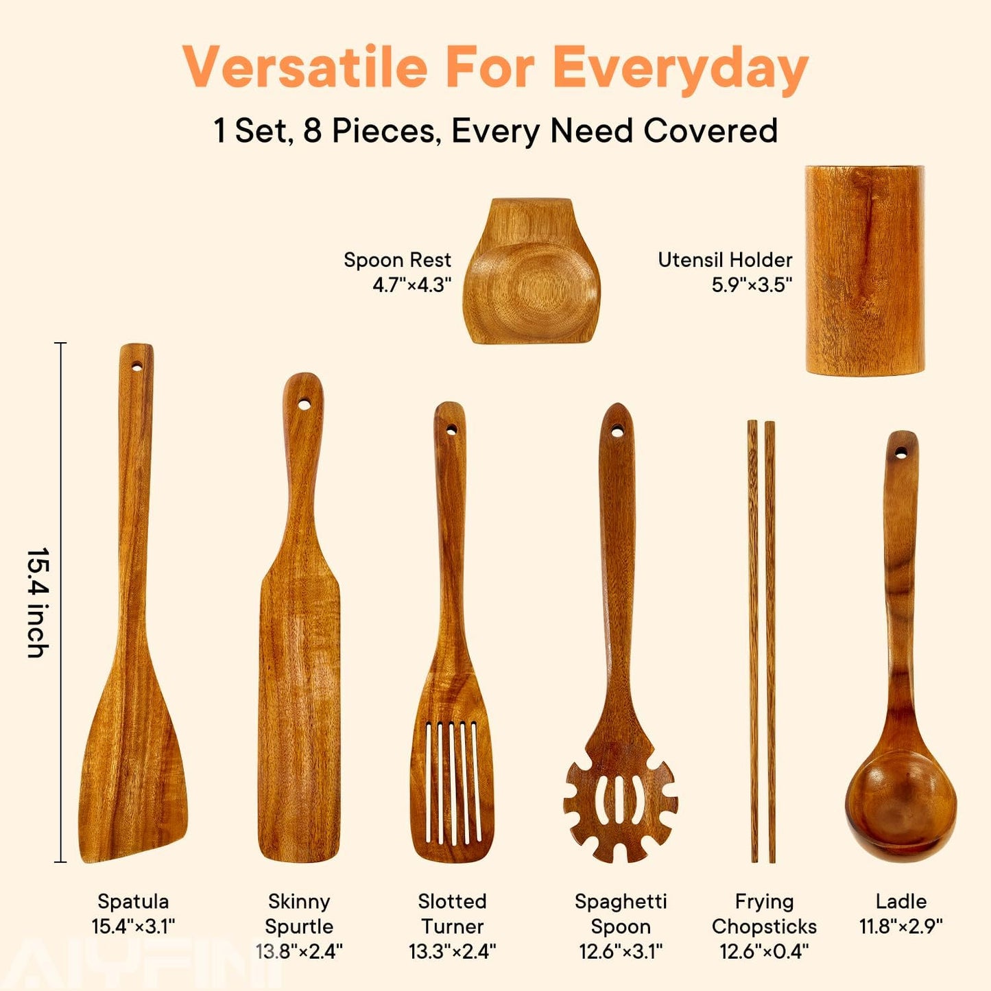 Skiennix Non-Toxic Wooden Kitchen Utensils Set - 15.4" Long Handle Spatula, Turner, Ladle & More