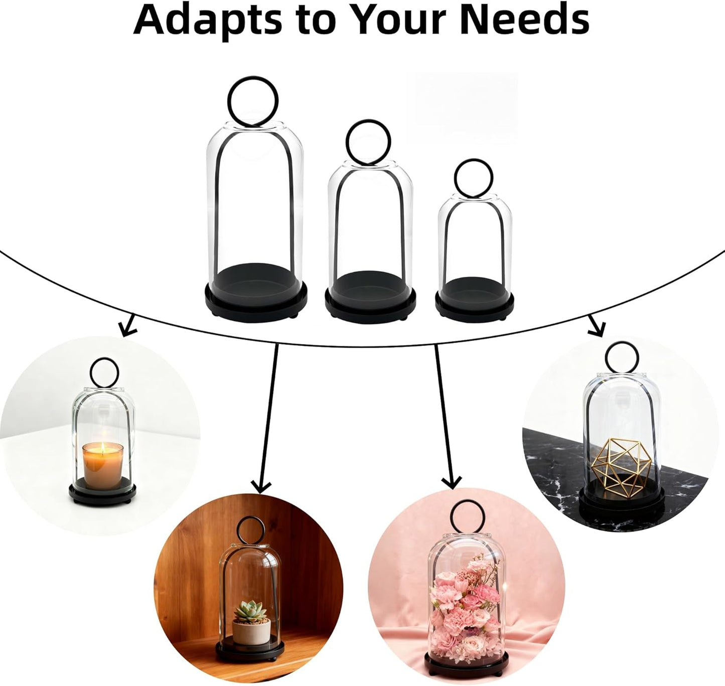 Skiennix 3 Pack Metal Candle Holders - Versatile Black Candlestick Holders with Glass Domes | 5.5", 4.7", 3.9" Wide