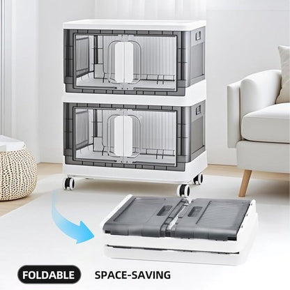 Folding Storage Organizer - Heavy-Duty Plastic Bin with Silent Casters | Stackable Design, 3 Sizes (19.5/23.5/27.5in), Black/White