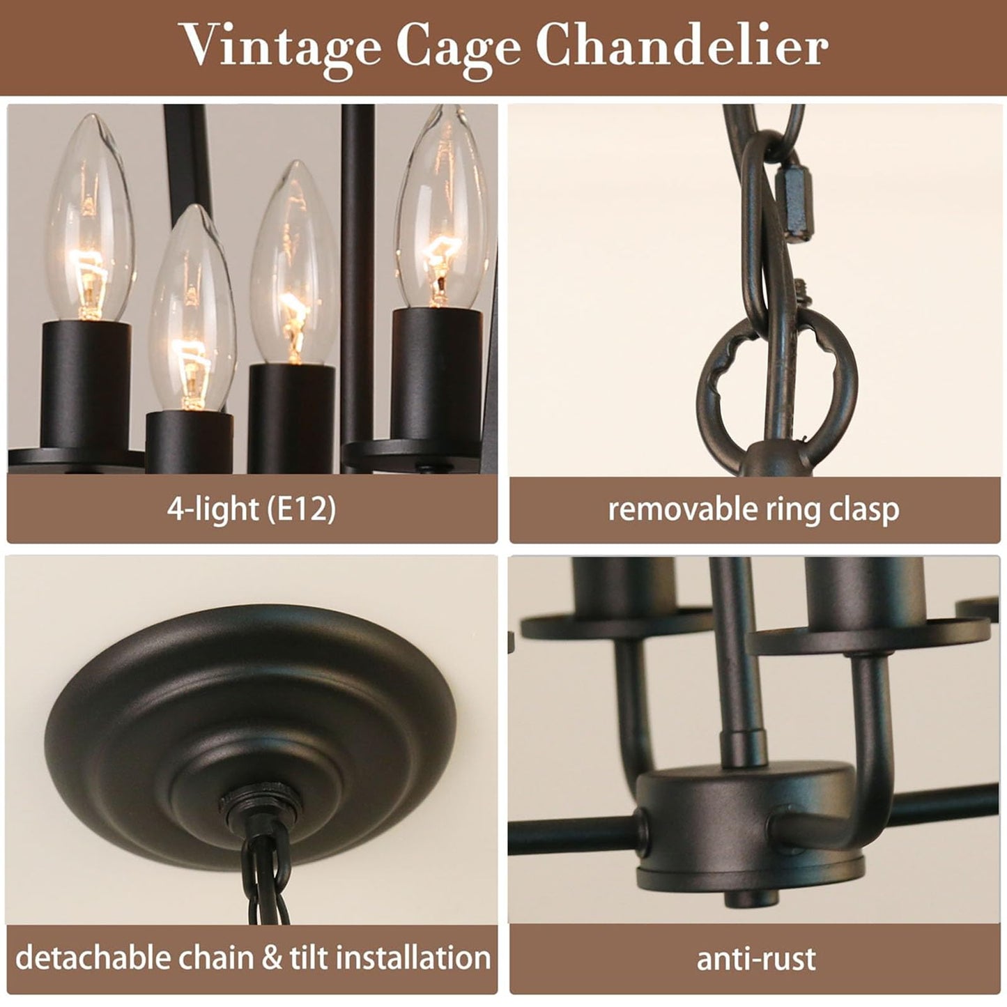 Mlmgmh168 4-Light Black Farmhouse Chandelier Iron Lantern Pendant Light Rustic Cage Hanging Light Fixtures Industrial Foyer Lights for Kitchen Island Dining Room Hallway Foyer Entryway