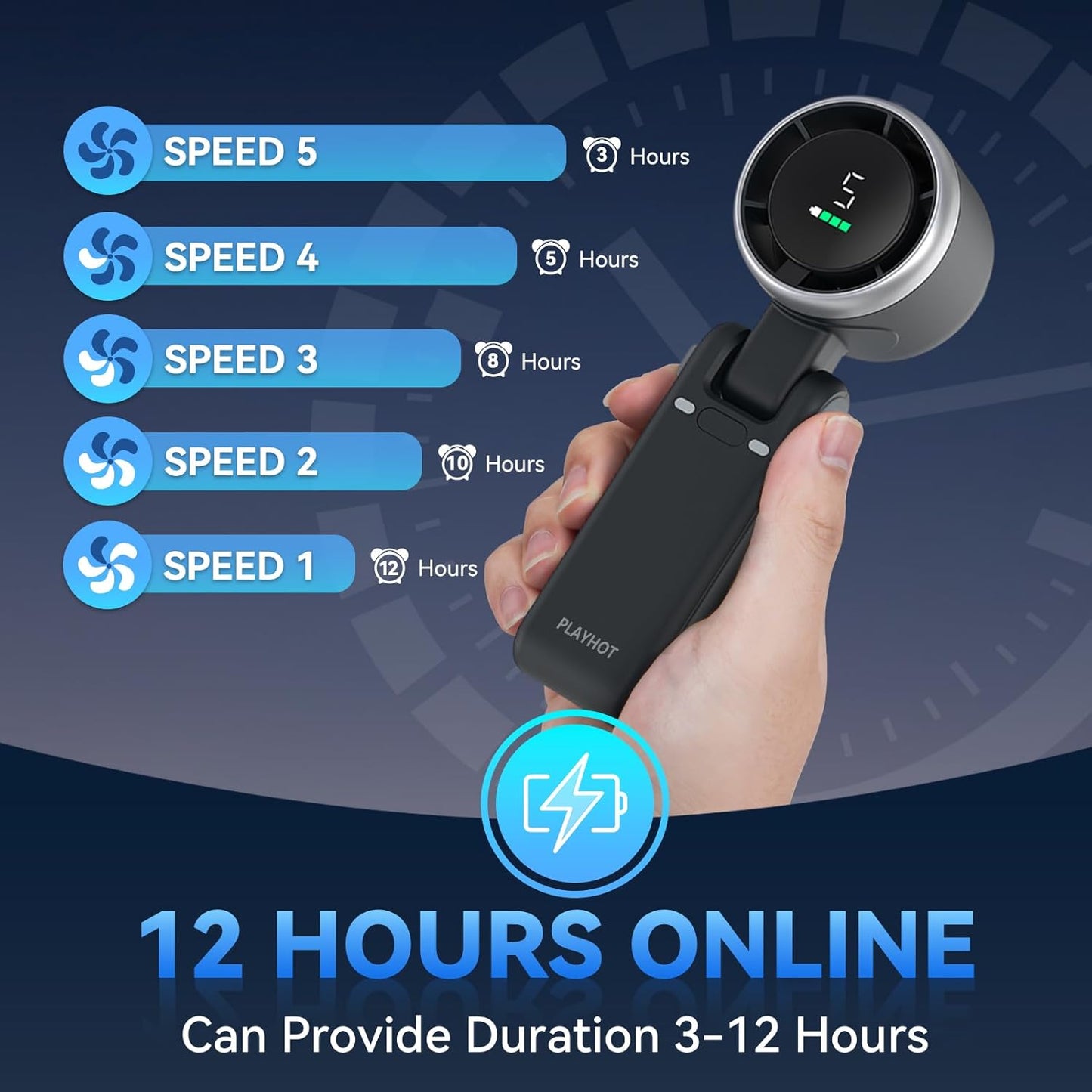 PlayHot Portable Handheld Turbo Fan - Compact Design with USB-C Cable | Sleek Black Color