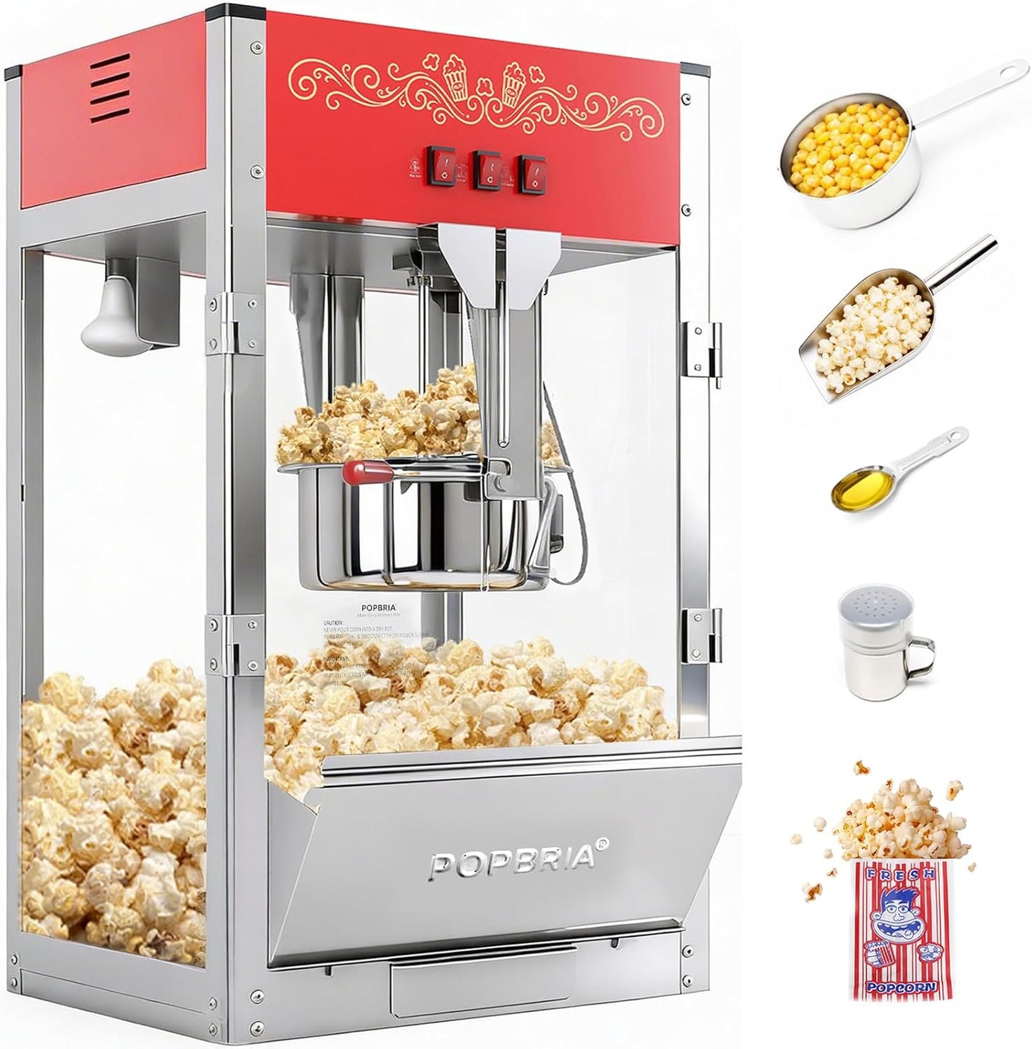 Skiennix Commercial Popcorn Machine - Authentic 16oz Kettle Maker with Warming Deck | 1600W Red