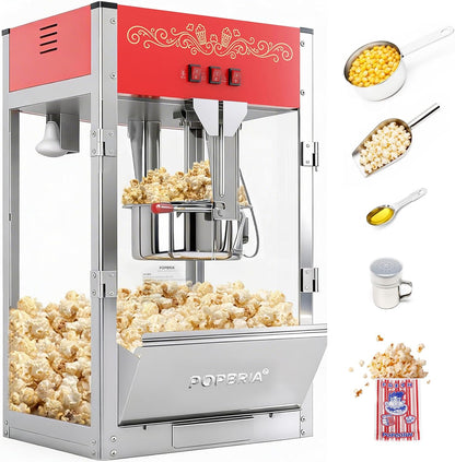 Skiennix Commercial Popcorn Machine - Authentic 16oz Kettle Maker with Warming Deck | 1600W Red