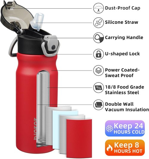 BJPKPK 18oz Insulated Water Bottle - BPA-Free Stainless Steel Thermal Flask with Straw | Red