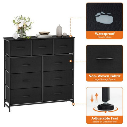 WelFurGeer 9-Drawer Dressers with Sturdy Metal Frame - Tall Chest Organizer Unit with Fabric Bins, Storage Chest of Drawers for Bedroom, Living Room, Hallway, Entryway, Closet, Black