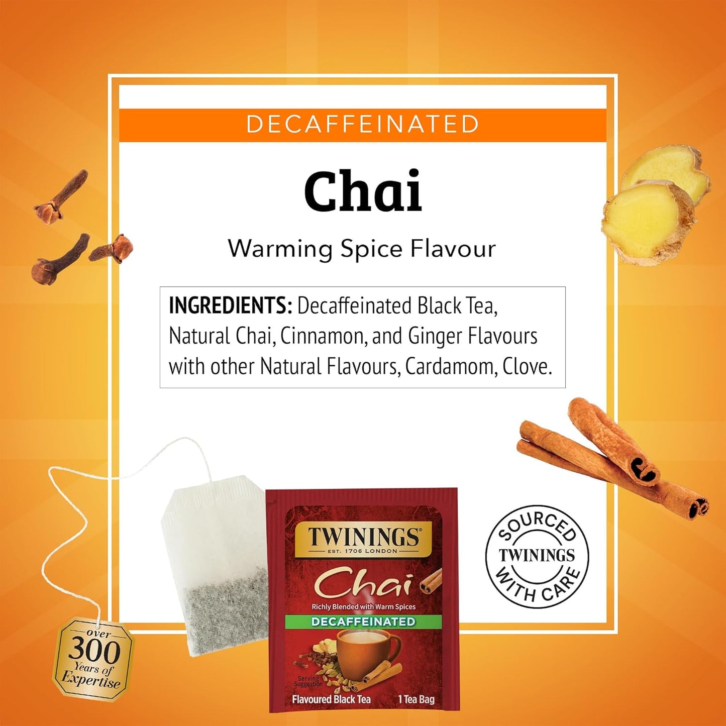 Twinings Decaffeinated Chai Tea Bags - Sweet & Savory Spices, 20 Count (Pack of 6) | Enjoy Hot or Iced