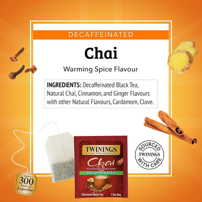Twinings Decaffeinated Chai Tea Bags - Sweet & Savory Spices, 20 Count (Pack of 6) | Enjoy Hot or Iced