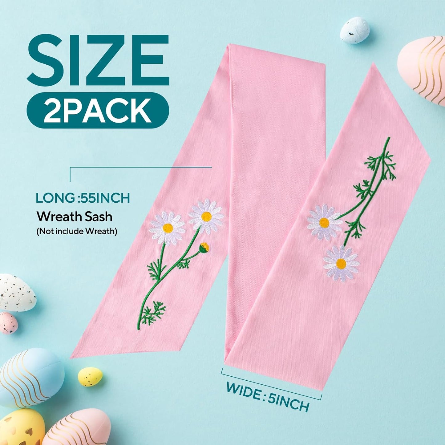 Skiennix 2 Pack Daisy Floral Wreath Sash - Embroidered Spring Ribbon Decor for Front Door | Pink