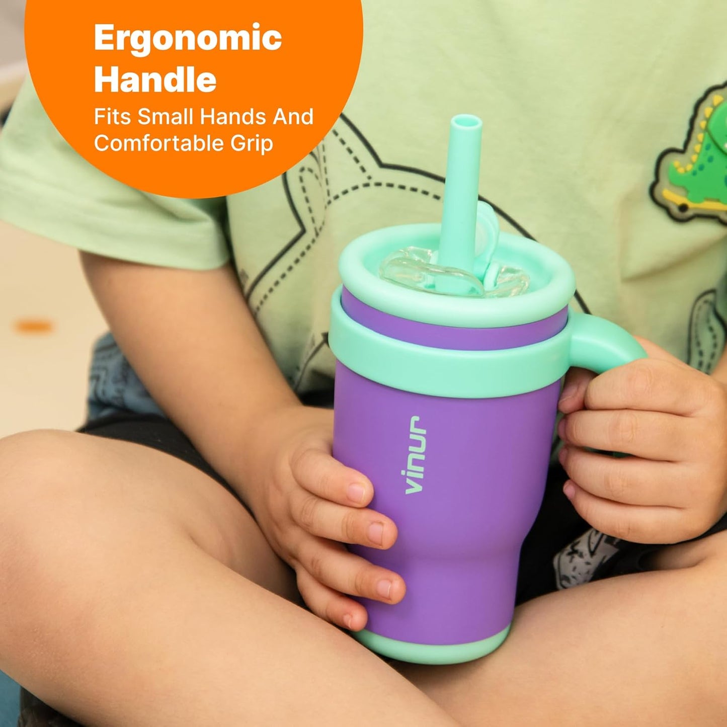 VINUR Kids Tumbler - 14 oz Stainless Steel Double Wall Vacuum Cup with Handle & Straw | Leak-Proof Rose Pink