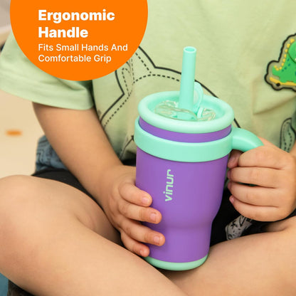 VINUR Kids Tumbler - 14 oz Stainless Steel Double Wall Vacuum Cup with Handle & Straw | Leak-Proof Rose Pink
