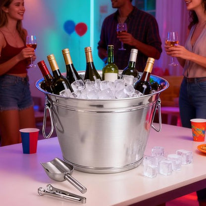 Large 16L Stainless Steel Ice Bucket for Parties – Stainless Steel High-Capacity Beverage Tub with Scoop & Tongs, Party Drink Chiller for Catering, Outdoor Events, Backyard BBQ
