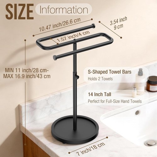 Aetyord Adjustable Hand Towel Holder - S-Shaped Stainless Steel Rack with Wood Base | Free-Standing Design for Bathroom & Kitchen
