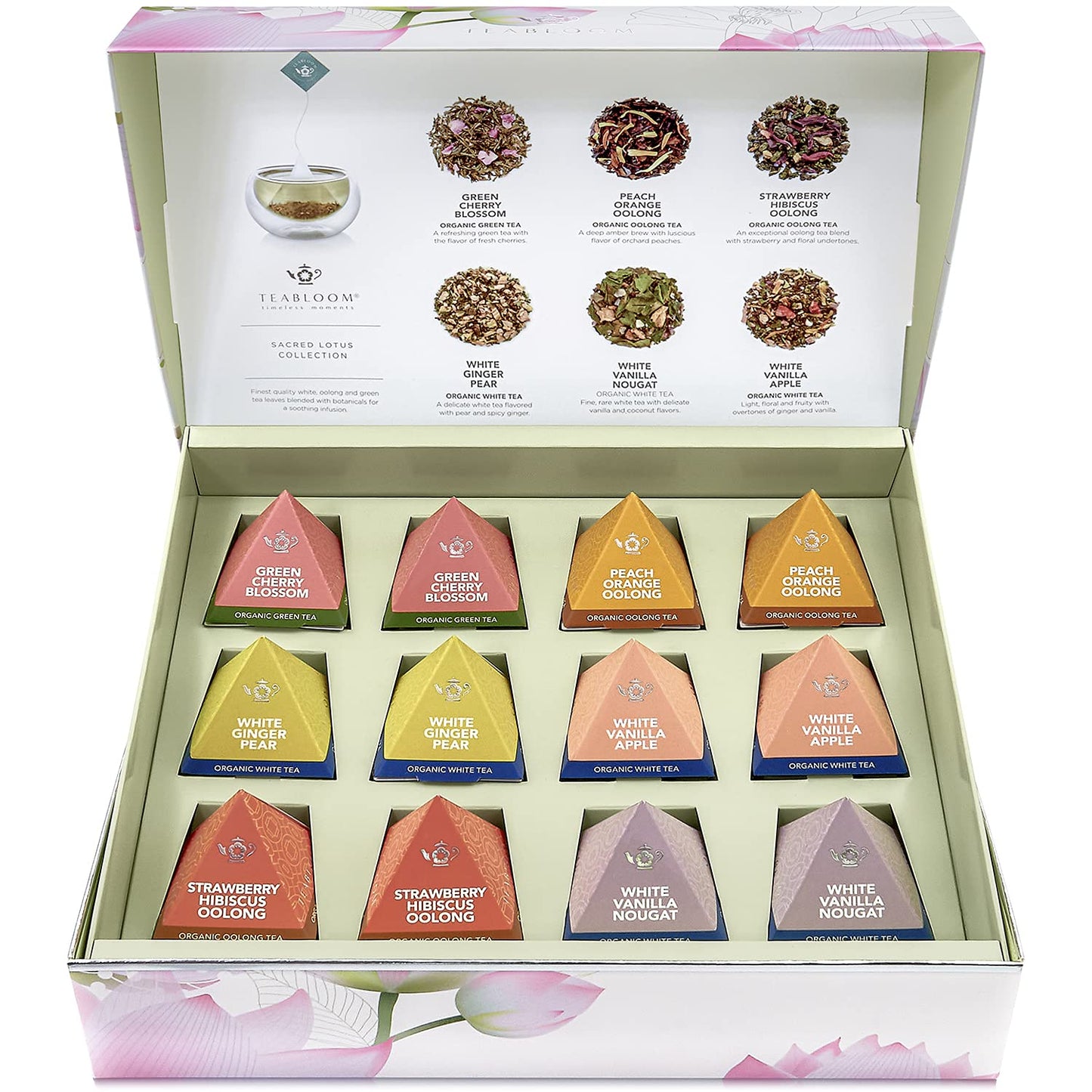 Teabloom Organic Sacred Lotus Pyramid Tea Presentation Box, 12 Assorted USDA Certified Organic Whole-Leaf Pyramid Tea Sachets, Green Tea, Oolong tea, White tea