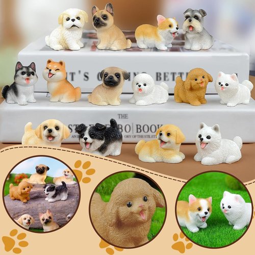 Exasinine 14PCS Mini Dog Figurines - Hand-Painted Realistic Resin Puppies for Cake Toppers & Home Decor