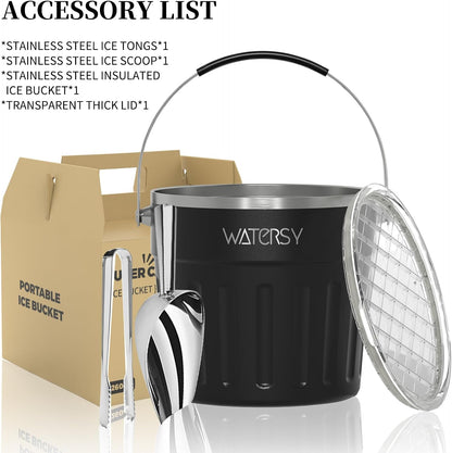 WATERSY Insulated Ice Bucket（8 Quart / 7.6 L） with Lid, Scoop, Ice Tong，Wall Vacuum Stainless Steel, Black