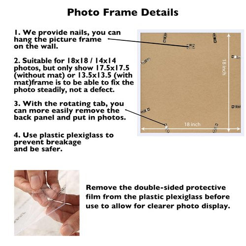 JCJMY 18x18 Picture Frame White with 14x14 Mat, Display Photo 14x14 with Mat or 18 x 18 Without Mat, Wall Hanging Large 18x18 Poster Frame with Shatter Resistant Plexiglass, White