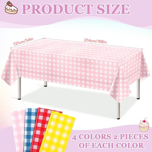Gingham Tablecloths by [Brand Name] - 8 Pack Disposable Plastic Rectangle Covers | 54 x 108 Inches for Spring Events