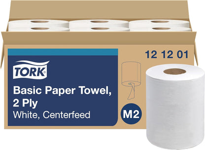 Tork Basic Centerfeed Paper Wiper - High Absorbency, White, 6 x 600 Sheets | Ideal for Quick Cleanup