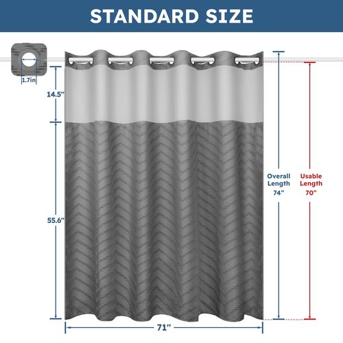 FADOTY No Hook Shower Curtain and Snap in Liner Set Grey Tufted Chevron Striped Cloth Waterproof Washable Fabric Boho Gray Bath Curtain with See Through Mesh Top Window for Bathroom Hotel 71" x 74"