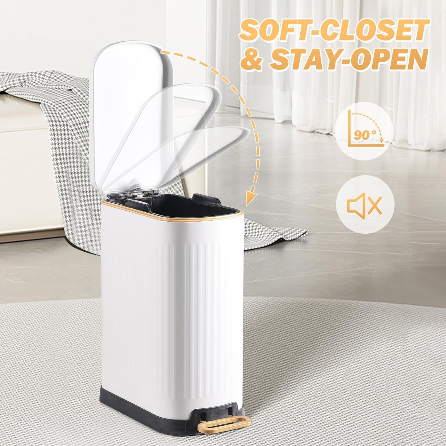 SYNCVIBE Slim Bathroom Trash Can - Soft Close Lid & Removable Inner Bucket | Matt White, 3.5 Gallons