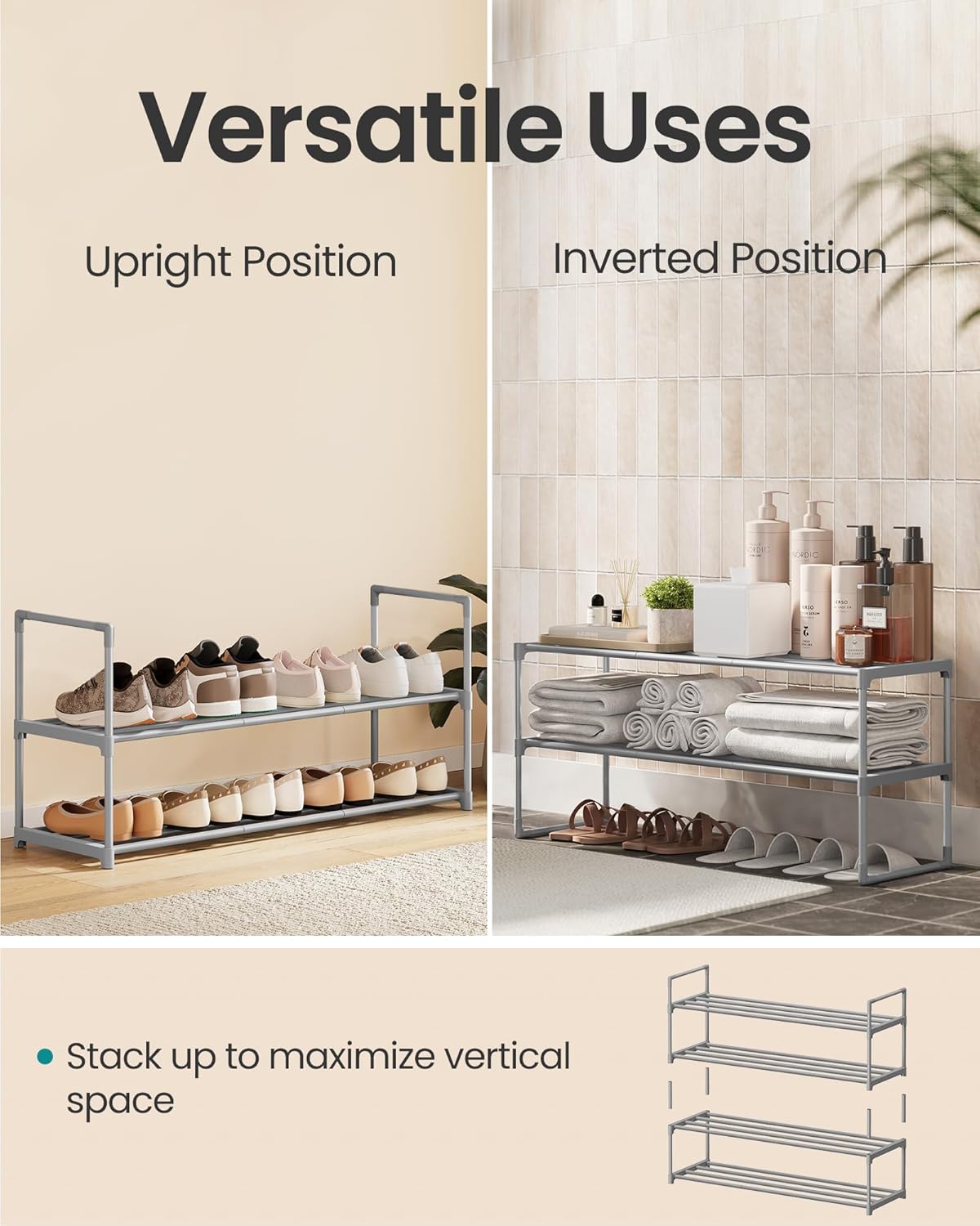 SONGMICS 2-Tier Shoe Rack - Stackable Metal Organizer for 12-15 Pairs | Gray, 11.8 x 36.2 x 14.6 Inches