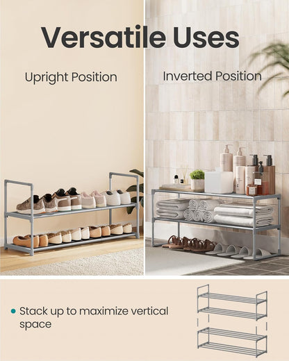 SONGMICS 2-Tier Shoe Rack - Stackable Metal Organizer for 12-15 Pairs | Gray, 11.8 x 36.2 x 14.6 Inches