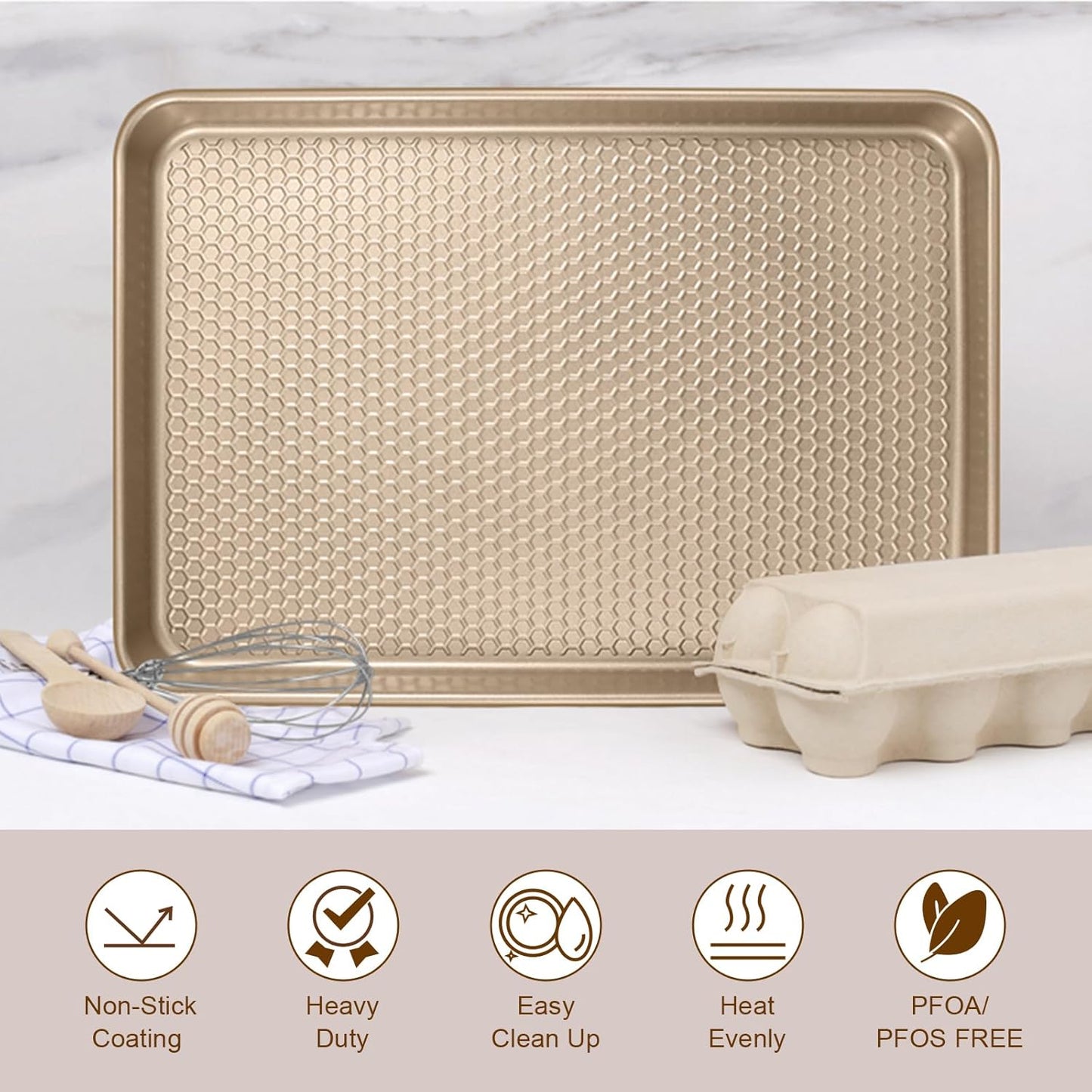 Wildone Baking Sheet Pan Set - Nonstick Honeycomb Embossed Cookie Sheets | 15x10 In, Champagne Gold, 2 Pack